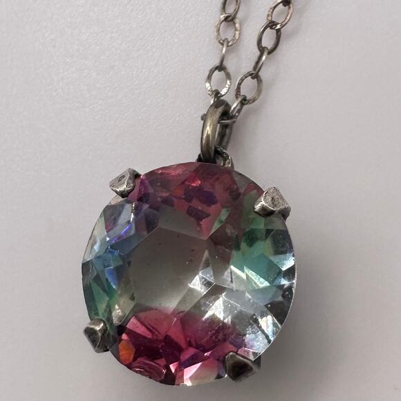 Antique Art Deco sterling silver iris glass solitaire pendant 15.75" necklace - Picture 1 of 9